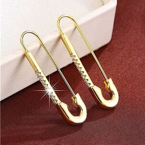 Gold Plated Zircon Safety Pin Earrings, Minimalist, Punk, Gift For Teenager